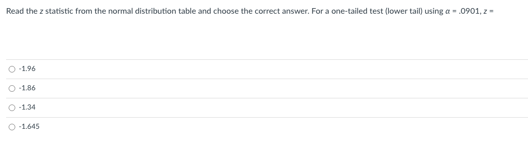 Read the z statistic from the normal distribution table and choose the correct answer. For a one-tailed test (lower tail) using a = .0901, z =
O -1,96
O -1.86
O -1,34
O -1.645
O o o o
