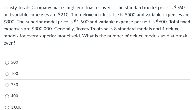Toasty Treats Company makes high end toaster ovens. The standard model price is $360
and variable expenses are $210. The deluxe model price is $500 and variable expenses are
$300. The superior model price is $1,600 and variable expense per unit is $600. Total fixed
expenses are $300,000. Generally, Toasty Treats sells 8 standard models and 4 deluxe
models for every superior model sold. What is the number of deluxe models sold at break-
even?
500
100
250
400
1,000

