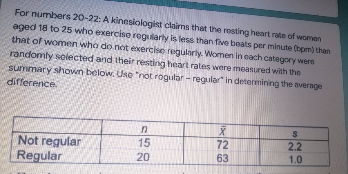 For numbers 20-22: A kinesiologist claims that the resting heart rate of women
aged 18 to 25 who exercise regularly is less than five beats per minute (bpm) than
that of women who do not exercise regularly. Women in each category were
randomly selected and their resting heart rates were measured with the
summary shown below. Use "not regular - regular" in determining the average
difference.
n
X
S
15
72
2.2
Not regular
Regular
20
63
1.0
