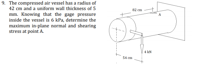 9. The compressed air vessel has a radius of
42 cm and a uniform wall thickness of 5
82 cm
mm. Knowing that the gage pressure
inside the vessel is 6 kPa, determine the
maximum in-plane normal and shearing
stress at point A.
A
4 kN
54 cm
