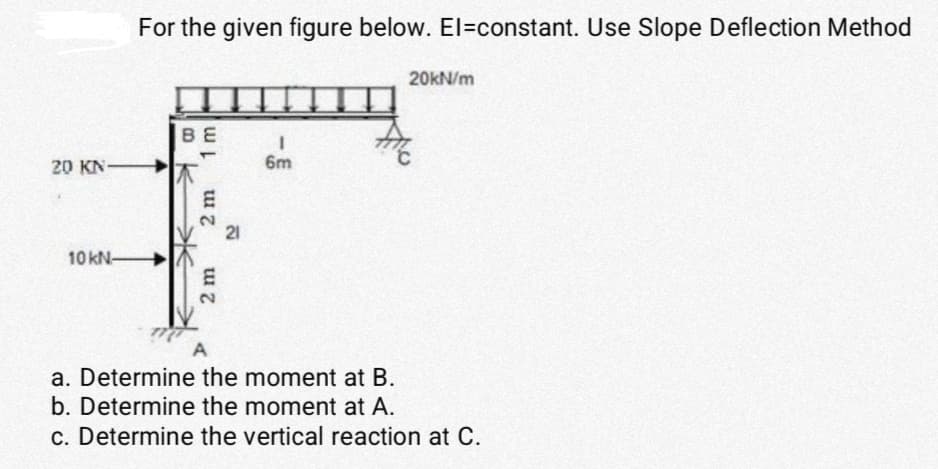 20 KN-
10 kN-
For the given figure below. El=constant. Use Slope Deflection Method
BE
2m
2 m
21
1
6m
20kN/m
A
a. Determine the moment at B.
b. Determine the moment at A.
c. Determine the vertical reaction at C.