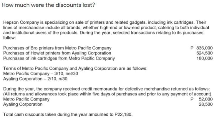 How much were the discounts lost?
Hepson Company is specializing on sale of printers and related gadgets, including ink cartridges. Their
lines of merchandise include all brands, whether high-end or low-end product, catering to both individual
and institutional users of the products. During the year, selected transactions relating to its purchases
follow:
Purchases of Bro printers from Metro Pacific Company
Purchases of Howlet printers from Ayaling Corporation
Purchases of ink cartridges from Metro Pacific Company
P 836,000
524,500
180,000
Terms of Metro Pacific Company and Ayaling Corporation are as follows:
Metro Pacific Company-3/10, net/30
Ayaling Corporation - 2/10, n/30
During the year, the company received credit memoranda for defective merchandise returned as follows:
(All returns and allowances took place within five days of purchases and prior to any payment of account)
Metro Pacific Company
Ayaling Corporation
P 52,000
28,500
Total cash discounts taken during the year amounted to P22,180.
