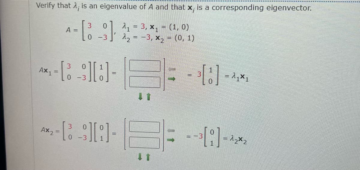 Verify that 2, is an eigenvalue of A and that x, is a corresponding eigenvector.
21 = 3, x, = (1, 0)
22 = -3, x2 = (0, 1)
A =
0 -3
3
Ax1
3.
0 -3
AX2
= 12x2
= -3
