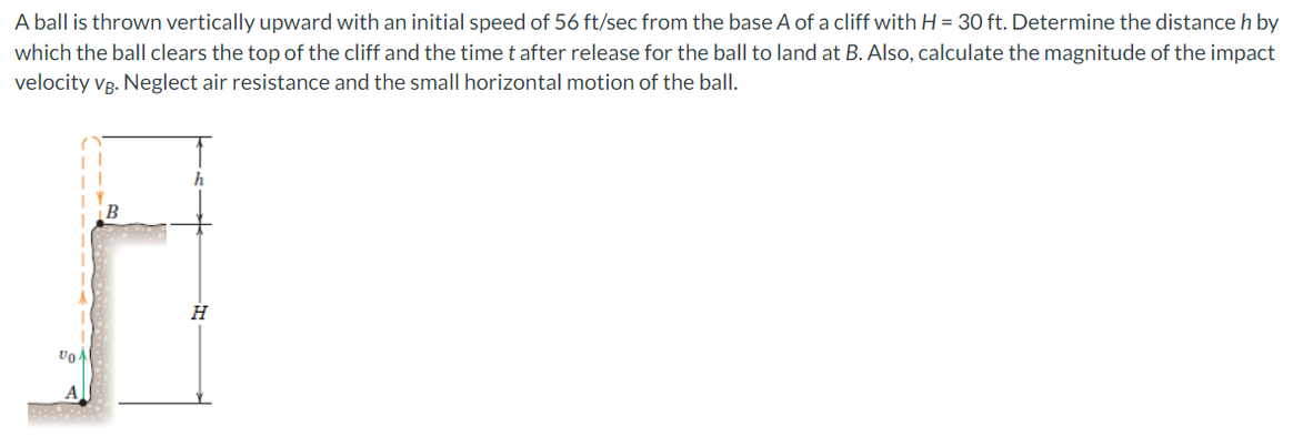 A ball is thrown vertically upward with an initial speed of 56 ft/sec from the base A of a cliff with H = 30 ft. Determine the distance h by
which the ball clears the top of the cliff and the time t after release for the ball to land at B. Also, calculate the magnitude of the impact
velocity vB. Neglect air resistance and the small horizontal motion of the ball.
B
H
