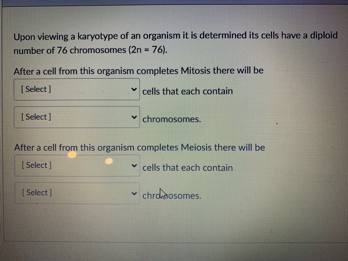 Upon viewing a karyotype of an organism it is determined its cells have a diploid
number of 76 chromosomes (2n = 76).
After a cell from this organism completes Mitosis there will be
( Select]
cells that each contain
[Select]
v chromosomes.
After a cell from this organism completes Meiosis there will be
[ Select]
v cells that each contain
[Select]
v chrdmosomes.
