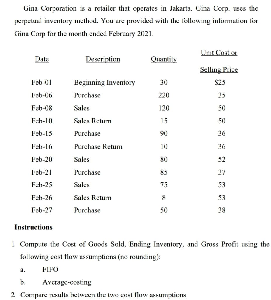 Gina Corporation is a retailer that operates in Jakarta. Gina Corp. uses the
perpetual inventory method. You are provided with the following information for
Gina Corp for the month ended February 2021.
Unit Cost or
Date
Description
Quantity
Selling Price
Feb-01
Beginning Inventory
30
$25
Feb-06
Purchase
220
35
Feb-08
Sales
120
50
Feb-10
Sales Return
15
50
Feb-15
Purchase
90
36
Feb-16
Purchase Return
10
36
Feb-20
Sales
80
52
Feb-21
Purchase
85
37
Feb-25
Sales
75
53
Feb-26
Sales Return
8
53
Feb-27
Purchase
50
38
Instructions
1. Compute the Cost of Goods Sold, Ending Inventory, and Gross Profit using the
following cost flow assumptions (no rounding):
а.
FIFO
b.
Average-costing
2. Compare results between the two cost flow assumptions
