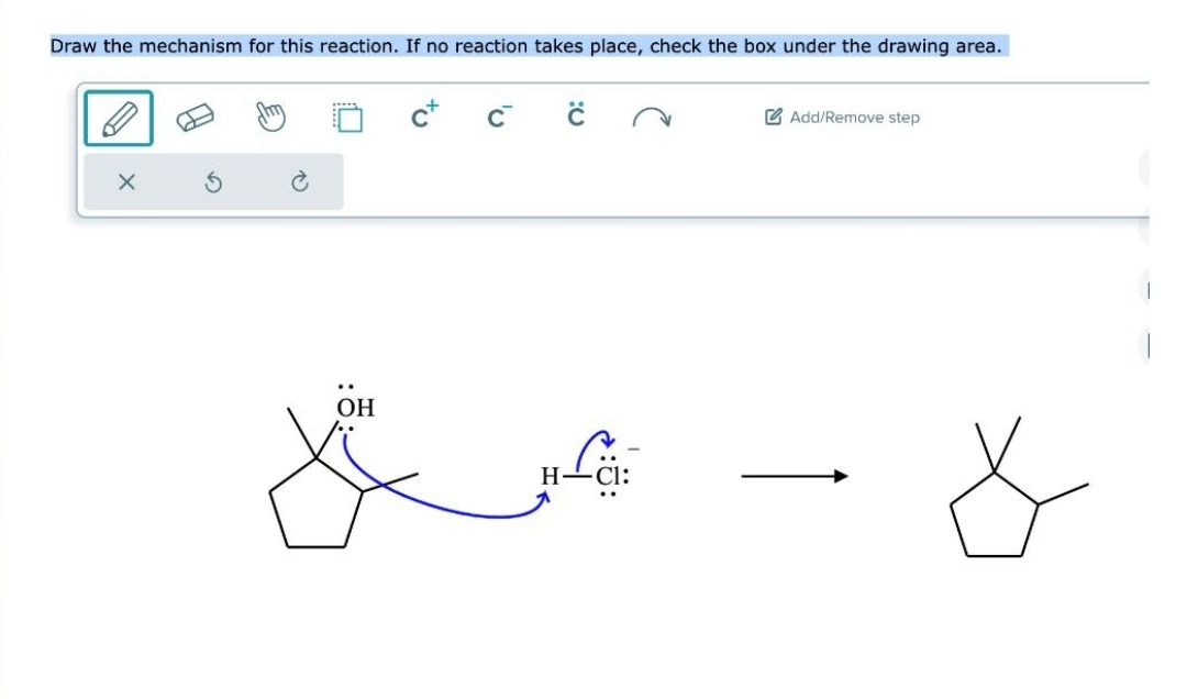 Draw the mechanism for this reaction. If no reaction takes place, check the box under the drawing area.
X
mm
OH
:C
Add/Remove step