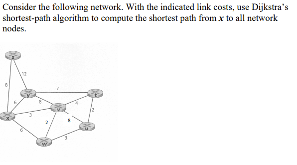 Consider the following network. With the indicated link costs, use Dijkstra's
shortest-path algorithm to compute the shortest path from x to all network
nodes.
12
6.
2
