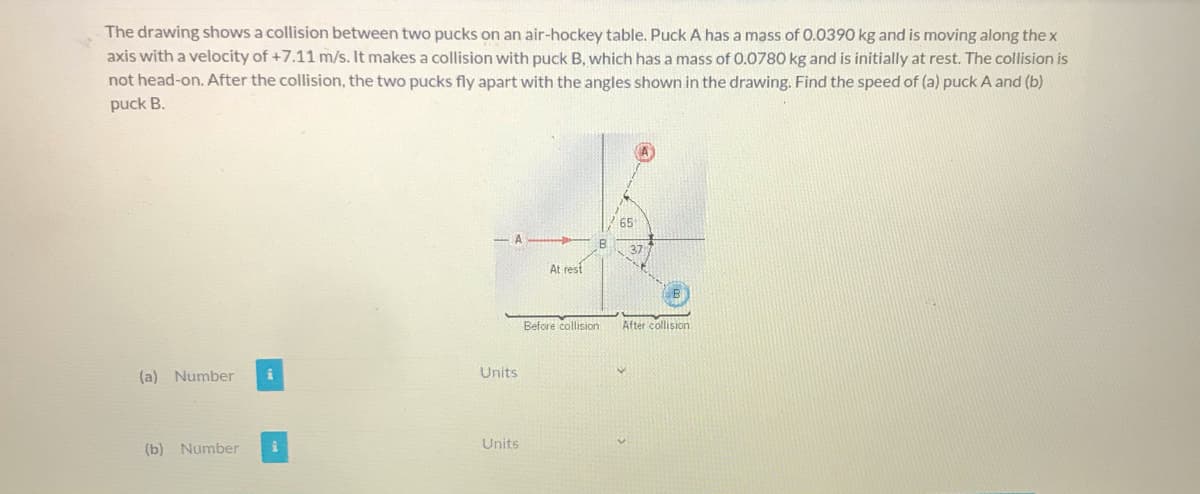 The drawing shows a collision between two pucks on an air-hockey table. Puck A has a mass of 0.0390 kg and is moving along the x
axis with a velocity of +7.11 m/s. It makes a collision with puck B, which has a mass of 0.0780 kg and is initially at rest. The collision is
not head-on. After the collision, the two pucks fly apart with the angles shown in the drawing. Find the speed of (a) puck A and (b)
puck B.
65
37
At rest
Before collision
After collision
(a) Number
i
Units
Units
(b) Number
