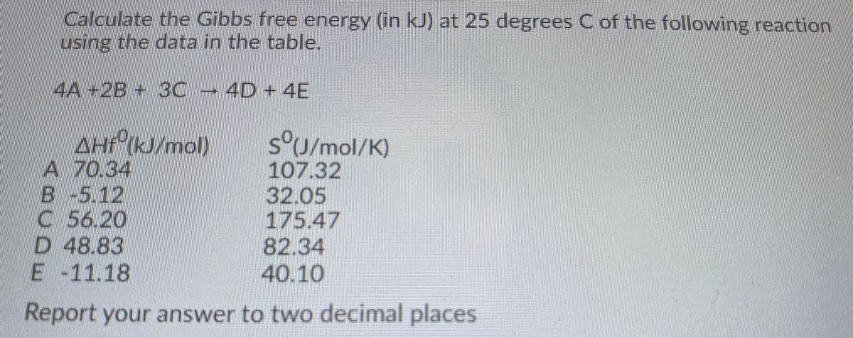 Calculate the Gibbs free energy (in kJ) at 25 degrees C of the following reaction
using the data in the table.
4A+2B+ 3C - 4D + 4E
AHf (kJ/mol)
A 70.34
B-5.12
C 56.20
D 48.83
E-11.18
s°U/mol/K)
107.32
32.05
175.47
82.34
40.10
Report your answer to two decimal places
