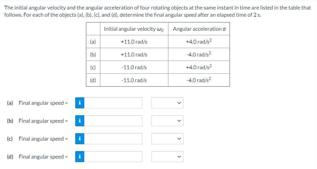 The initial angular velocity and the angular acceleration of four rotating objects at the same instant in time are listed in the table that
follows. For each of the objects (a), (b), (c), and (d), determine the final angular speed after an elapsed time of 2 s.
Initial angular velocity wo
Angular acceleration a
(a)
+11.0 rad/s
+4.0 rad/s2
(b)
+11.0 rad/s
-4.0 rad/s?
(c)
-11.0 rad/s
+4.0 rad/s?
(d)
-11.0 rad/s
-4.0 rad/s?
(a) Final angular speed =
i
(b) Final angular speed =
i
(c) Final angular speed =
i
(d) Final angular speed =
i
