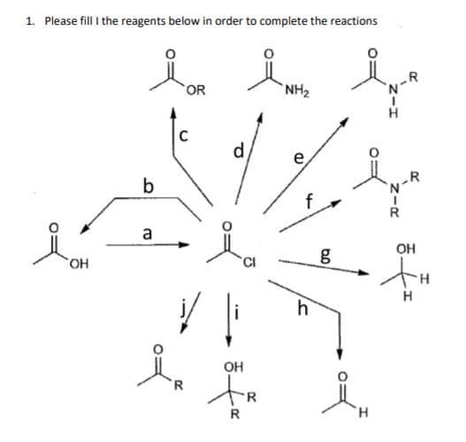 1. Please fill i the reagents below in order to complete the reactions
OR
NH2
'N
H
C
e
b
R
a
OH
g
HO,
H.
H
h
OH
R.
R
H.
R
