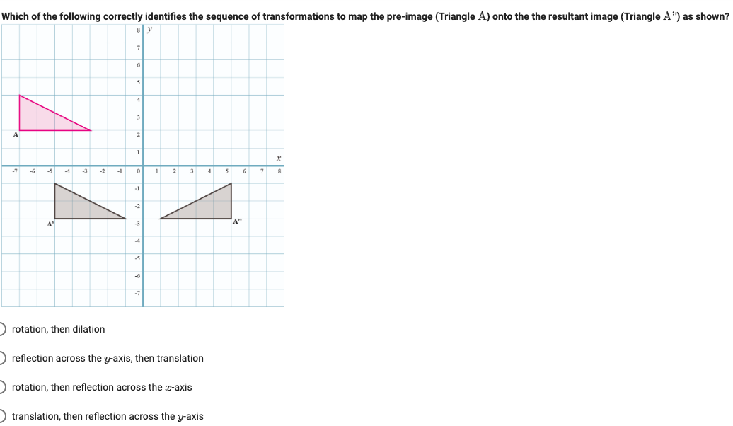 Which of the following correctly identifies the sequence of transformations to map the pre-image (Triangle A) onto the the resultant image (Triangle A") as shown?
41
A
2
1
-5
-1
2
-2
A'
-3
-4
-5
-6
) rotation, then dilation
) reflection across the y-axis, then translation
) rotation, then reflection across the z-axis
) translation, then reflection across the y-axis
