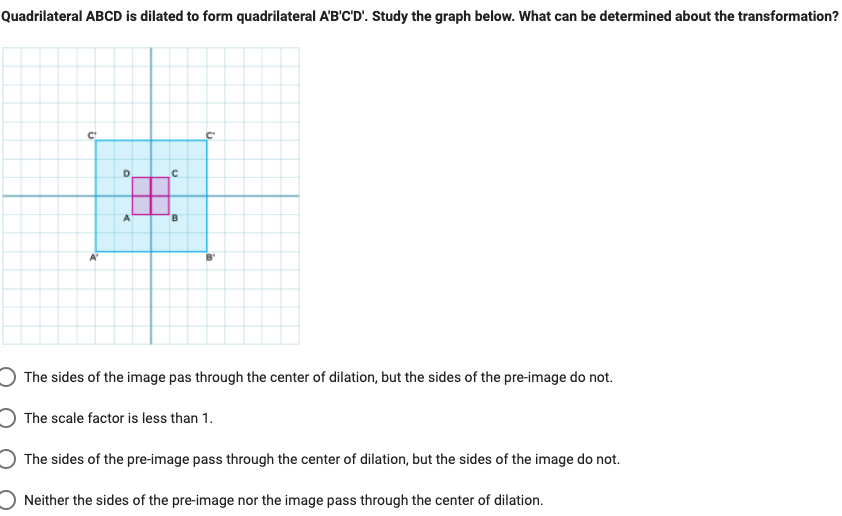 Quadrilateral ABCD is dilated to form quadrilateral A'B'C'D'. Study the graph below. What can be determined about the transformation?
C'
D.
A
A'
B'
The sides of the image pas through the center of dilation, but the sides of the pre-image do not.
The scale factor is less than 1.
The sides of the pre-image pass through the center of dilation, but the sides of the image do not.
Neither the sides of the pre-image nor the image pass through the center of dilation.
