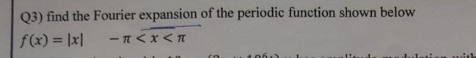 Q3) find the Fourier expansion of the periodic function shown below
f(x) = |x|
- TT < x< T
%3D
