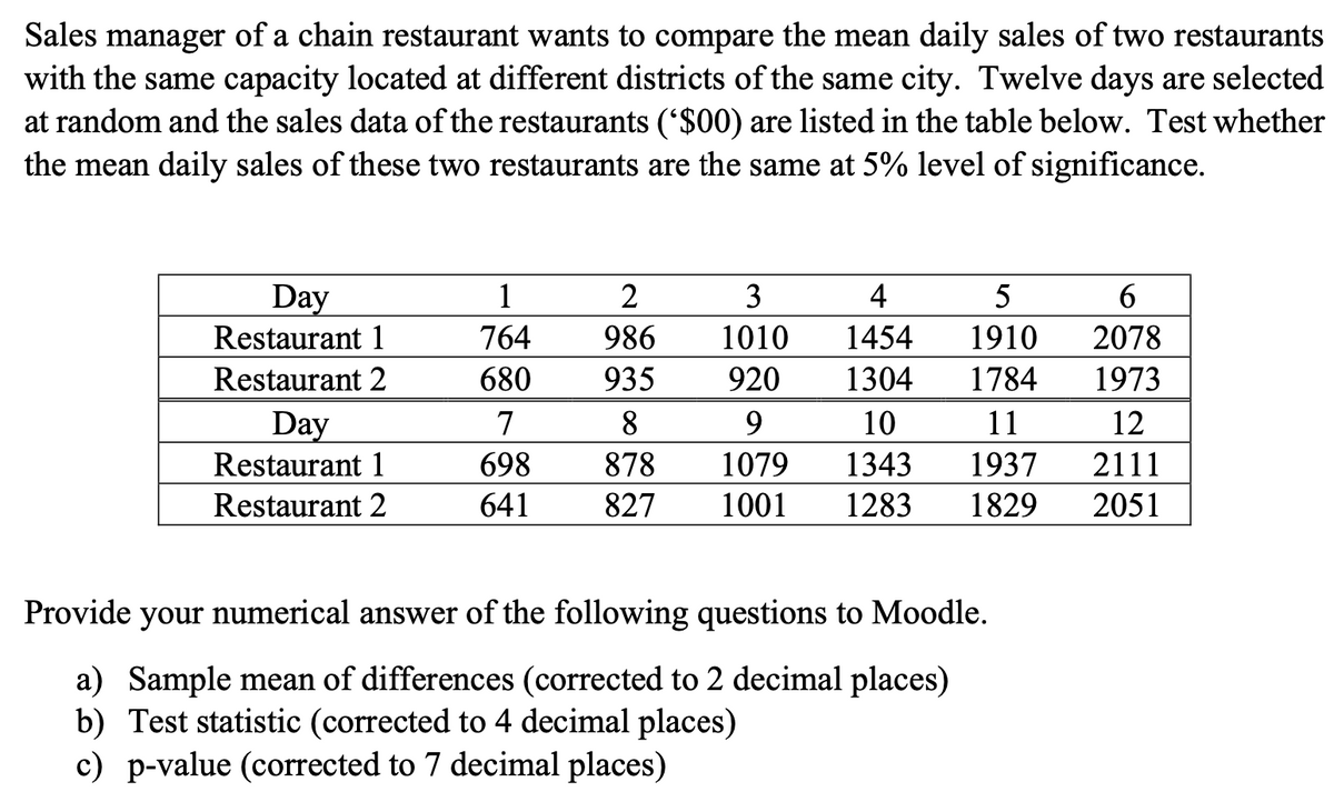 Sales manager of a chain restaurant wants to compare the mean daily sales of two restaurants
with the same capacity located at different districts of the same city. Twelve days are selected
at random and the sales data of the restaurants ('$00) are listed in the table below. Test whether
the mean daily sales of these two restaurants are the same at 5% level of significance.
6.
Day
Restaurant 1
1
2
3
4
5
764
986
1010
1454
1910
2078
Restaurant 2
680
935
920
1304
1784
1973
Day
Restaurant 1
7
8.
9.
10
11
12
698
878
1079
1343
1937
2111
Restaurant 2
641
827
1001
1283
1829
2051
Provide your numerical answer of the following questions to Moodle.
a) Sample mean of differences (corrected to 2 decimal places)
b) Test statistic (corrected to 4 decimal places)
c) p-value (corrected to 7 decimal places)
