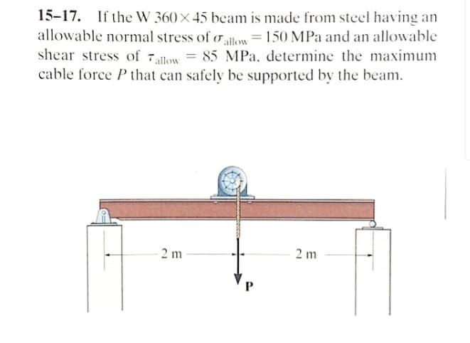 15-17. If the W 360x45 beam is made from steel having an
allowable normal stress of allow = 150 MPa and an allowable
shear stress of allow = 85 MPa, determine the maximum
cable force P that can safely be supported by the beam.
2 m
2 m
