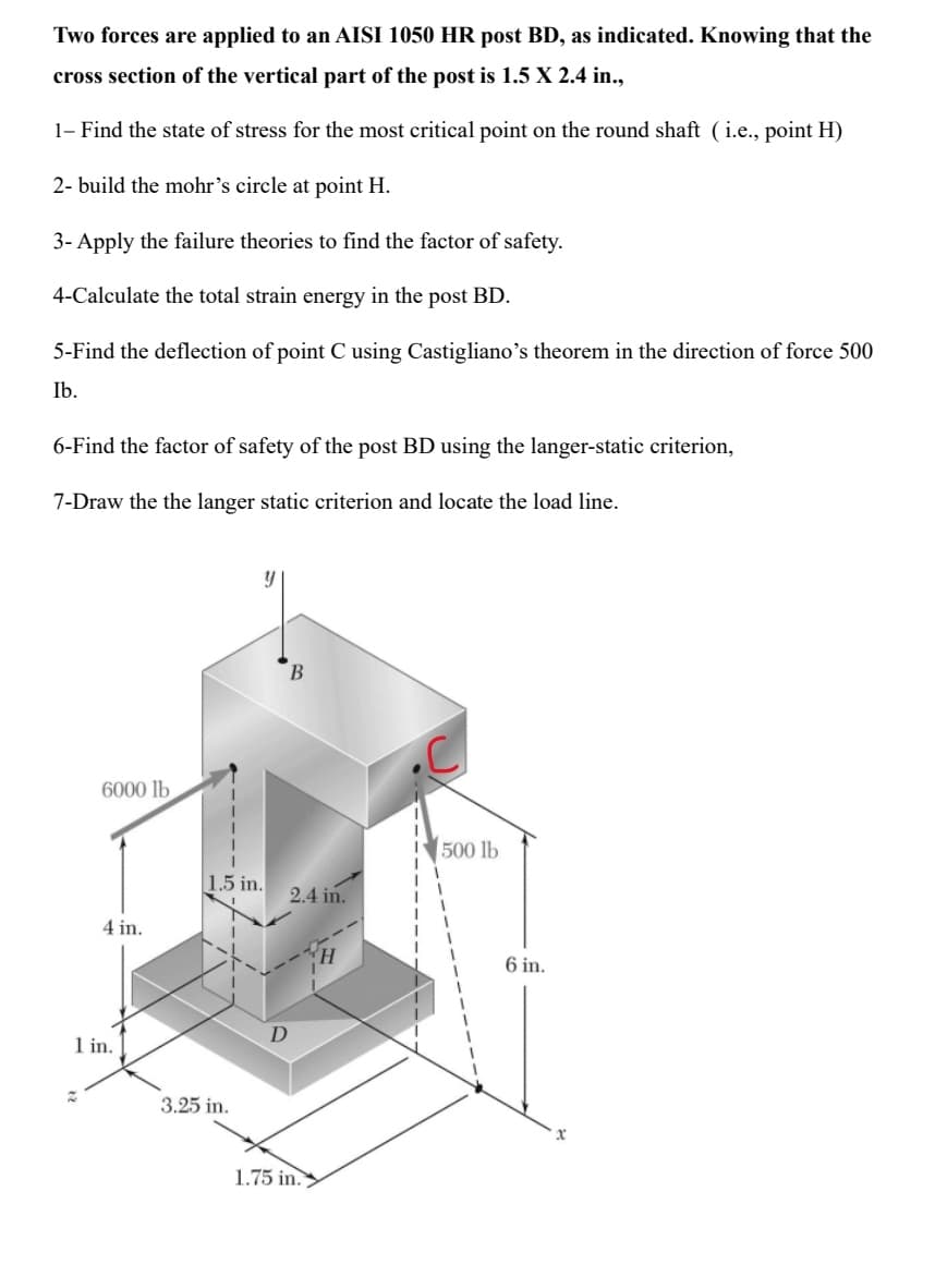 Two forces are applied to an AISI 1050 HR post BD, as indicated. Knowing that the
cross section of the vertical part of the post is 1.5 X 2.4 in.,
1- Find the state of stress for the most critical point on the round shaft (i.e., point H)
2- build the mohr's circle at point H.
3- Apply the failure theories to find the factor of safety.
4-Calculate the total strain energy in the post BD.
5-Find the deflection of point C using Castigliano's theorem in the direction of force 500
Ib.
6-Find the factor of safety of the post BD using the langer-static criterion,
7-Draw the the langer static criterion and locate the load line.
6000 lb
Z
4 in.
1 in.
y
1.5 in.
3.25 in.
D
B
2.4 in.
1.75 in.
H
500 lb
6 in.