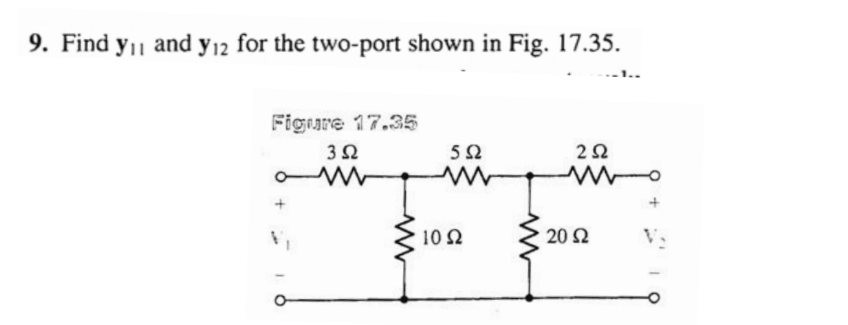 9. Find y1 and y12 for the two-port shown in Fig. 17.35.
Figure 17.35
3Ω
52
2Ω
10 2
20 2
