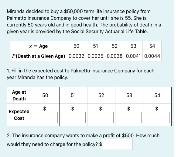 Miranda decided to buy a $50,000 term life insurance policy from
Palmetto Insurance Company to cover her until she is 55. She is
currently 50 years old and in good health. The probability of death in a
given year is provided by the Social Security Actuarial Life Table.
x = Age
50
51
52
53
54
P(Death at a Given Age) 0.0032 0.0035 0.0038 0.0041 0.0044
1. Fill in the expected cost to Palmetto Insurance Company for each
year Miranda has the policy.
Age at
50
51
52
53
54
Death
2$
$
$
Expected
Cost
2. The insurance company wants to make a profit of $500. How much
would they need to charge for the policy? $
%24
%24
%24
