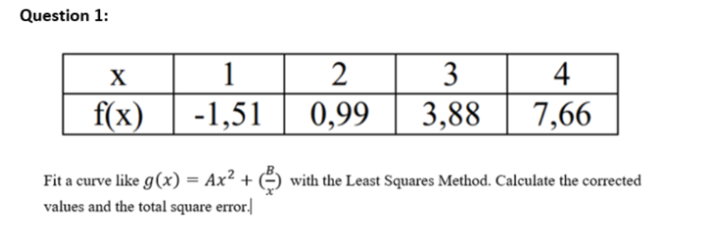 Question 1:
X
1
2
3
4
f(x)
-1,51
0,99
3,88
7,66
Fit a curve like g(x) = Ax² + © with the Least Squares Method. Calculate the corrected
values and the total square error.
