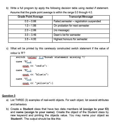 b) Write a full program by apply the following decision table using nested if statement.
Assume that the grade point average is within the range 0.0 through 4.0.
Grade Point Average
Transcript Message
Failed semester - registration suspended
On probation for next semester
0.0-0.99
1.0- 1.99
2.0-2.99
3.0- 3.49
3.5- 4.00
(no message)
Dean's list for semester
Highest honours for semester
c) What will be printed by this carelessly constructed switch statement if the value of
colour is 'R'?
Switch (sieA)
break statement missing
case 'R:
SRAS. <« "red\n":
case 'B
SRAE. << "blue\n";
case 'Y:
SRAS. << "yellov\n":}
Question 5
a) List THREE (3) examples of real-world objects. For each object, list several attributes
and behaviors
b) Create a Student class that have two data members id (assign to your ID)
and name (assign to your name). Create the object of the Student class by
new keyword and printing the objects value. You may name your object as
Student1. The output should be like this:
