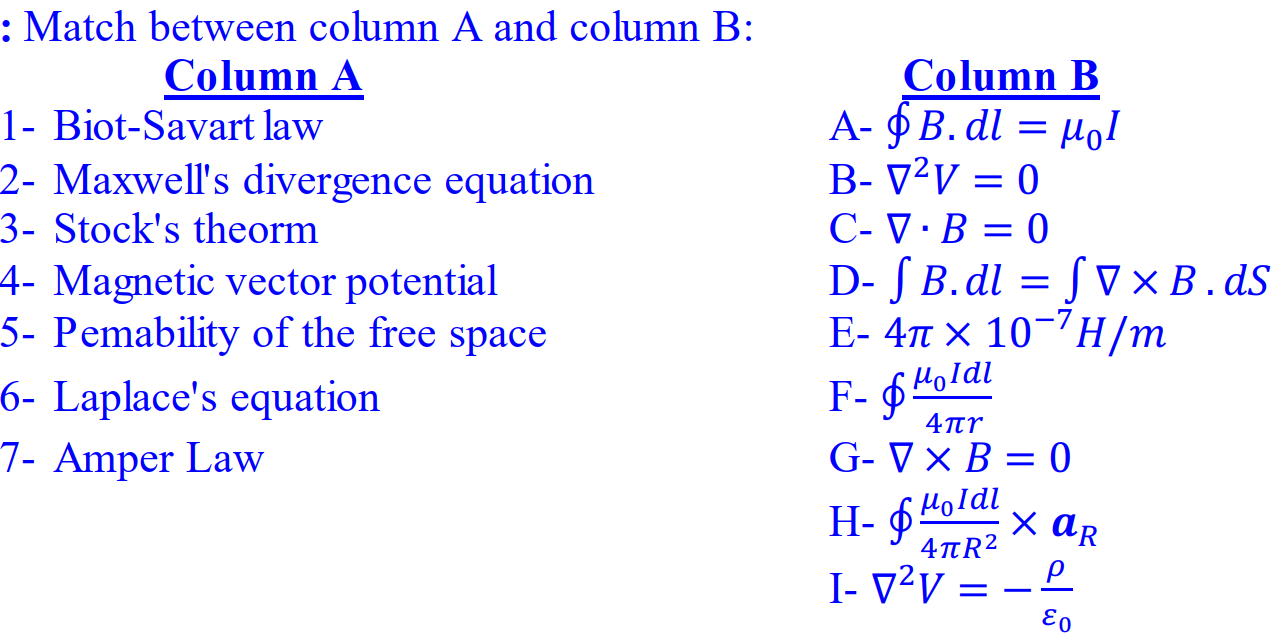 : Match between column A and column B:
Column A
1- Biot-Savart law
Column B
А- ф В. dl %3D no!
B- V²V = 0
C- V·B = 0
D- J B. dl = S V × B.dS
E- 4n × 10¬’H/m
2- Maxwell's divergence equation
3- Stock's theorm
4- Magnetic vector potential
5- Pemability of the free space
6- Laplace's equation
7- Amper Law
F- 6 4oldi
4Tr
G- V x B = 0
H- ¢ Hol × ar
Holdl
4TR2
– L
I- V?v =
