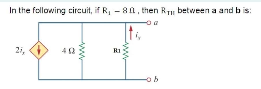 In the following circuit, if R, = 8 N, then RTH between a and b is:
o a
R1
2ix
4Ω
