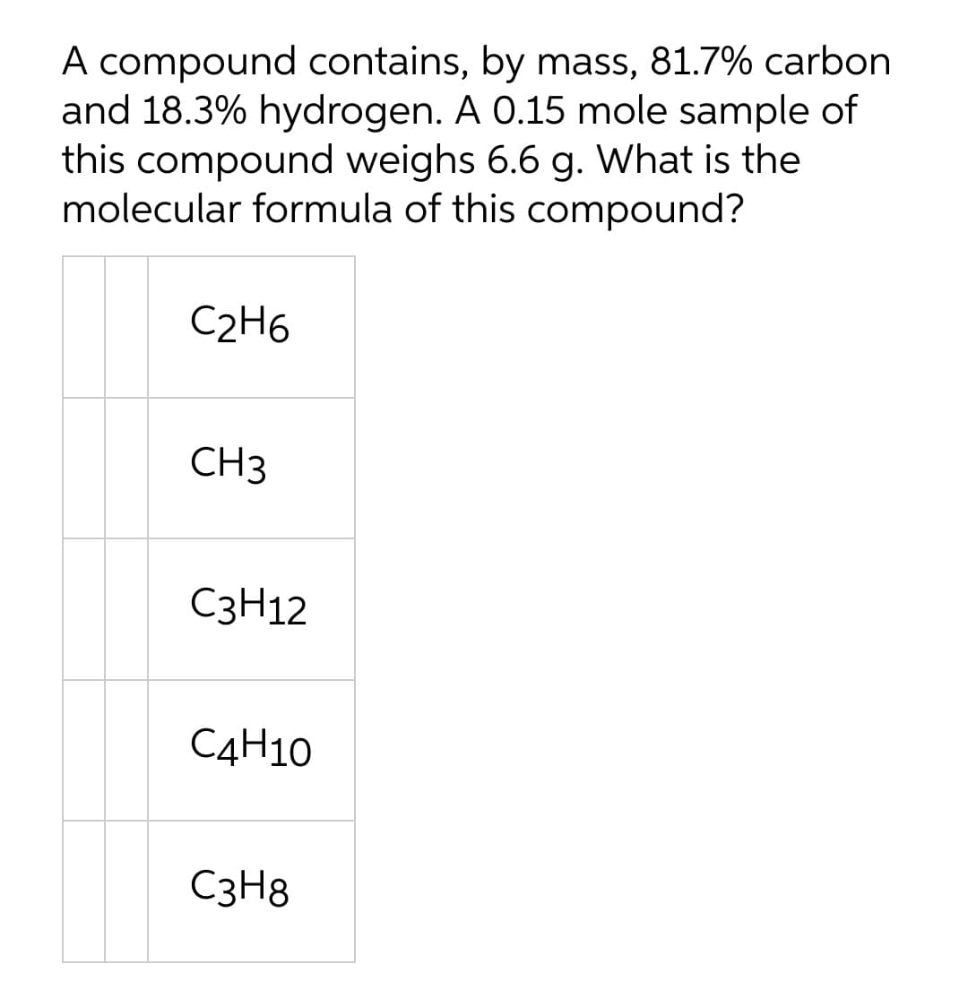 A compound contains, by mass, 81.7% carbon
and 18.3% hydrogen. A 0.15 mole sample of
this compound weighs 6.6 g. What is the
molecular formula of this compound?
C2H6
CH3
C3H12
C4H10
C3H8
