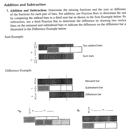Addition and Subtraction
1. Addition and Subtraction: Determine the missing fractions and the sum or difference
of the fractions for each pair of bars. For addition, use Fraction Bars to determine the sun
by comparing the addend bars to a third sum bar as shown in the Sum Example below. Fo
subtraction, use a third Fraction Bar to determine the difference by drawing two vertica
lines on the minuend and subtrahend bars to indicate the difference on the difference bar a
illustrated in the Difference Example below.
Sum Example:
Two addend bars
12
Sum bars
12
Difference Example:
Minuend bar
Subtrahend bar
Difference bar
6.
*a.
b.
3

