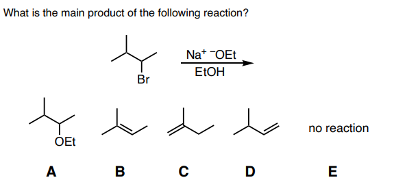 What is the main product of the following reaction?
Na* OEt
ELOH
Br
no reaction
OEt
A
B
D
E
