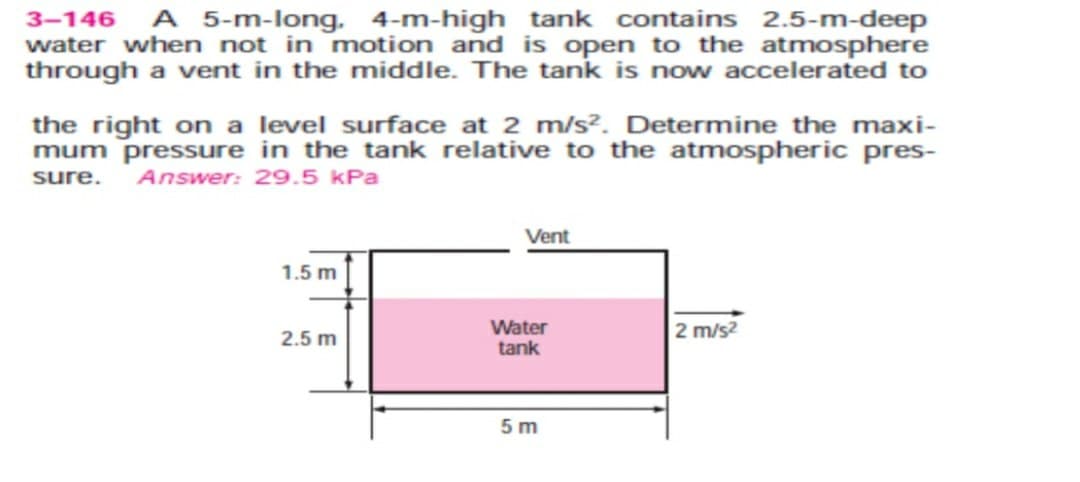 A 5-m-long. 4-m-high tank contains 2.5-m-deep
water when not in motion and is open to the atmosphere
through a vent in the middle. The tank is now accelerated to
3-146
the right on a level surface at 2 m/s?. Determine the maxi-
mum pressure in the tank relative to the atmospheric pres-
sure.
Answer: 29.5 kPa
Vent
1.5 m
Water
tank
2 m/s?
2.5 m
5 m
