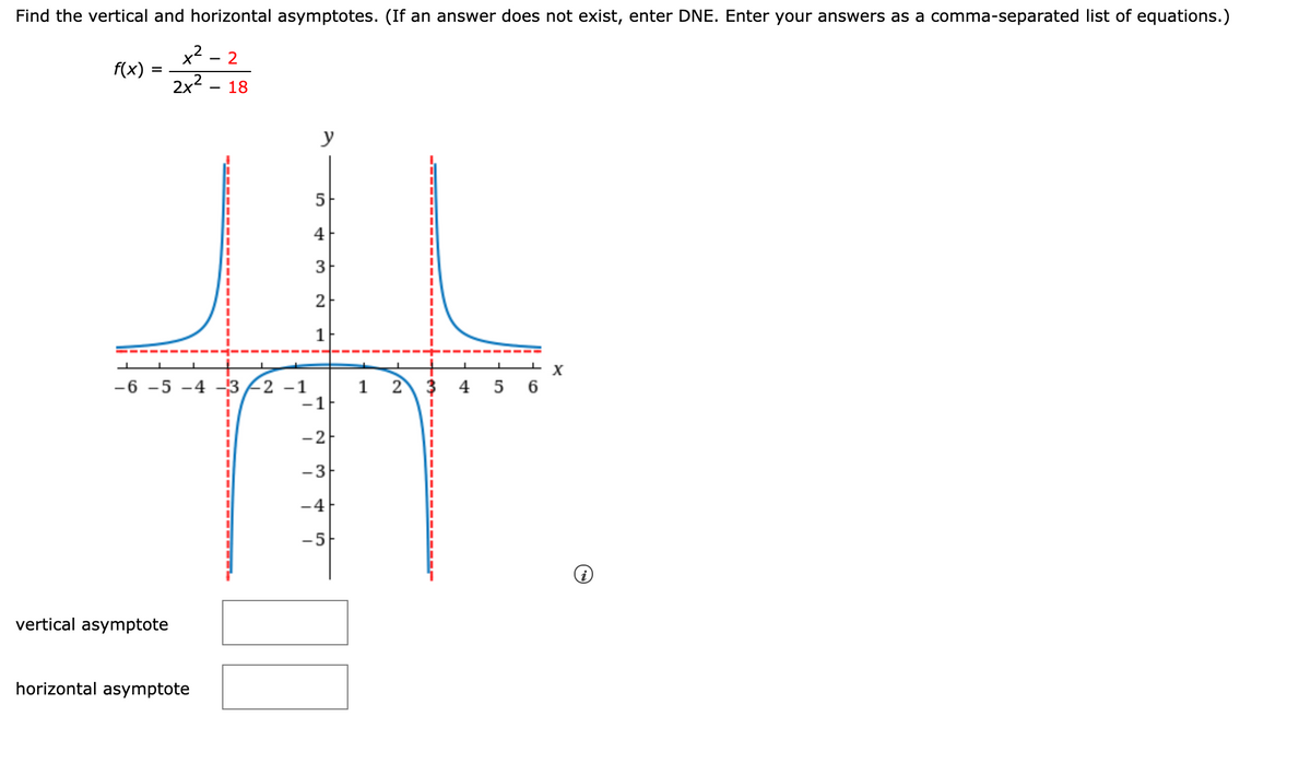 Find the vertical and horizontal asymptotes. (If an answer does not exist, enter DNE. Enter your answers as a comma-separated list of equations.)
x2 - 2
2x2 - 18
f(x)
y
5
4
3
X
-6 -5 -4 -3
2 -1
-1
2 3 4 5 6
1
-2
-3
-4
-5
vertical asymptote
horizontal asymptote
2.
