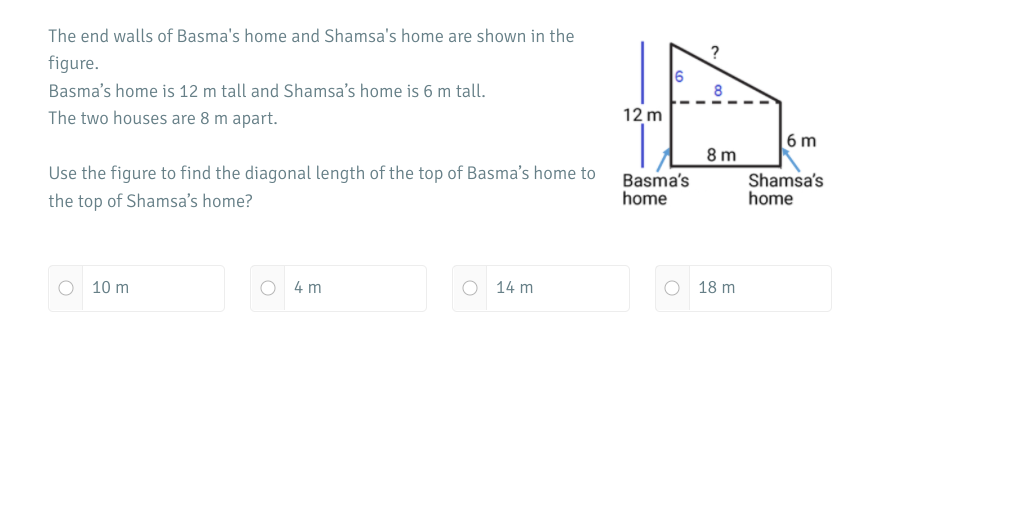 The end walls of Basma's home and Shamsa's home are shown in the
figure.
Basma's home is 12 m tall and Shamsa's home is 6 m tall.
The two houses are 8 m apart.
12 m
6 m
8 m
Use the figure to find the diagonal length of the top of Basma's home to
Basma's
home
Shamsa's
home
the top of Shamsa's home?
10 m
4 m
14 m
18 m
