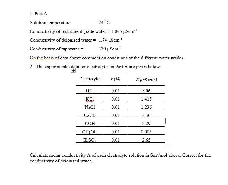 1. Part A
Solution temperature =
24 °C
Conductivity of instrument grade water = 1.043 uScm!
Conductivity of deionised water = 1.74 µScm!
Conductivity of tap water =
330 μScml
On the basis of data above comment on conditions of the different water grades.
2. The experimental data for electrolytes in Part B are given below:
Electrolyte
c (M)
K (ms.cm')
HC1
0.01
5.06
KCI
0.01
1.415
NaCl
0.01
1.236
CaCl2
0.01
2.30
КОН
0.01
2.29
CH3OH
0.01
0.003
K2SO4
0.01
2.65
Calculate molar conductivity A of each electrolyte solution in Sm/mol above. Correct for the
conductivity of deionized water.
