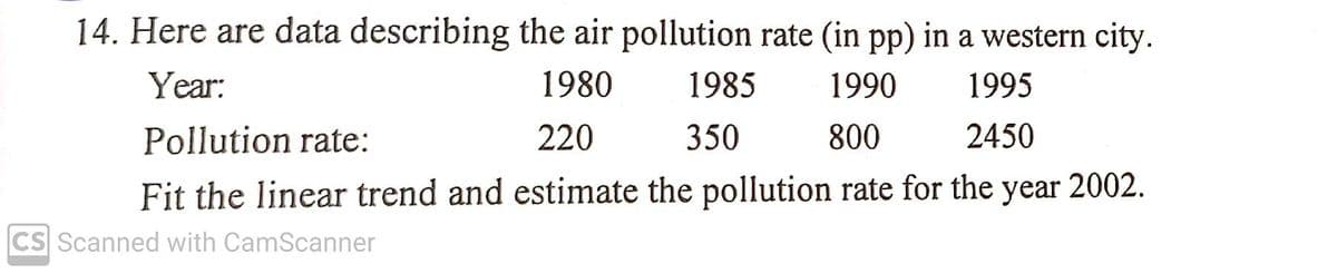 14. Here are data describing the air pollution rate (in pp) in a western city.
Year:
1980
1985
1990
1995
Pollution rate:
220
350
800
2450
Fit the linear trend and estimate the pollution rate for the year 2002.
CS Scanned with CamScanner
