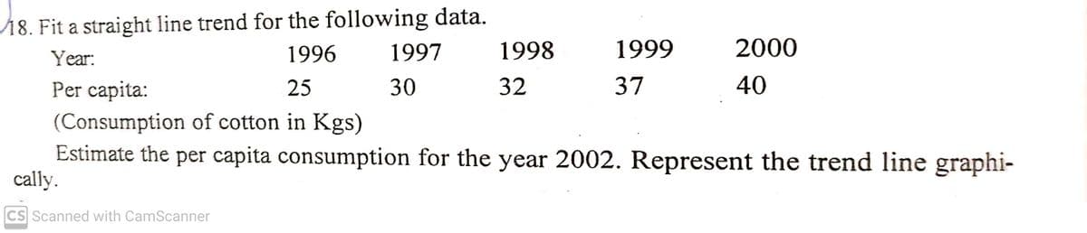 18. Fit a straight line trend for the following data.
1997
1996
1998
1999
2000
Year:
Per capita:
25
30
32
37
40
(Consumption of cotton in Kgs)
Estimate the per capita consumption for the year 2002. Represent the trend line graphi-
cally.
CS Scanned with CamScanner
