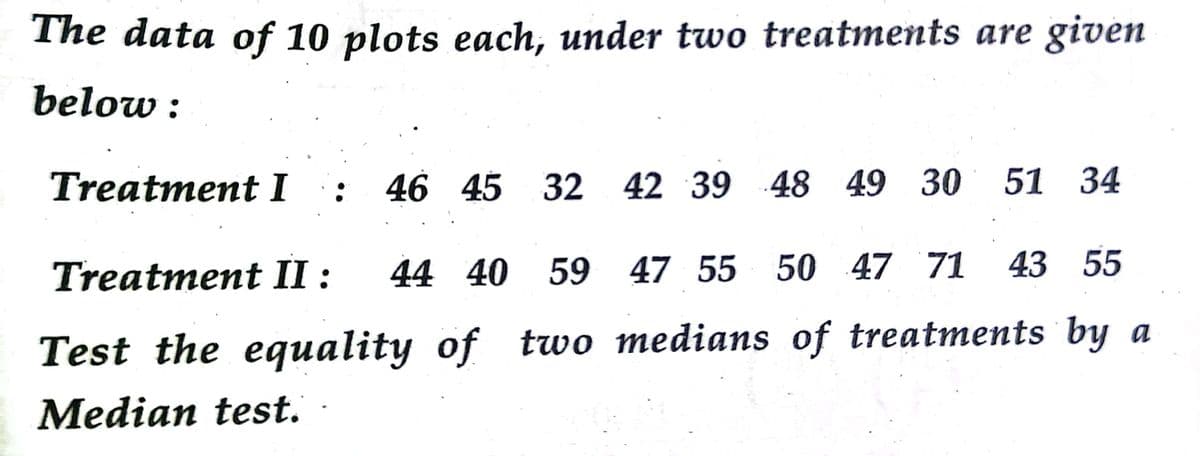 The data of 10 plots each, under two treatments are given
below :
Treatment I
46 45 32 42 39 48 49 30 51 34
Treatment II :
44 40 59 47 55 50 47 71 43 55
Test the equality of two medians of treatments by a
Median test.
