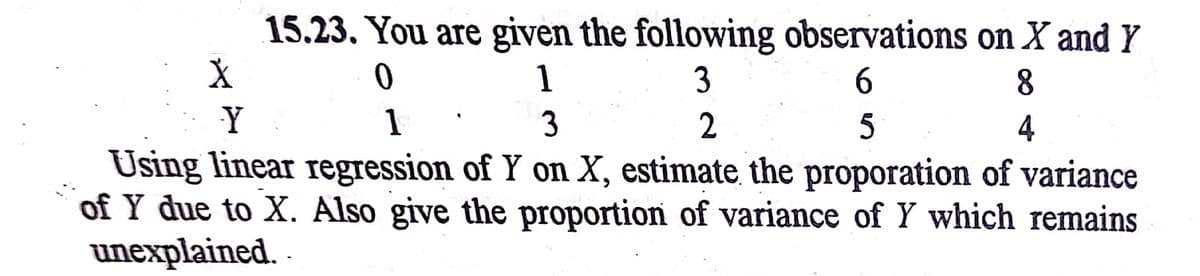 15.23. You are given the following observations on X and Y
1
3
6.
8.
1
2
5
4
Using linear regression of Y on X, estimate the proporation of variance
of Y due to X. Also give the proportion of variance of Y which remains
unexplained.
