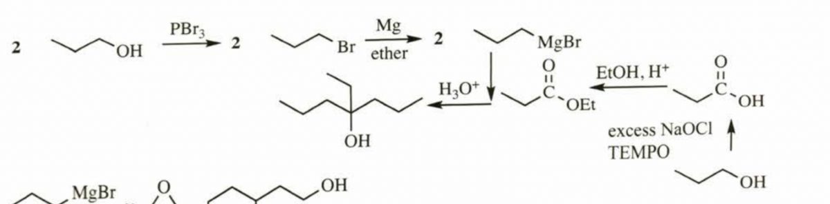 2
OH
MgBr
PBr3
2
Mg
Br ether
ОН
.OH
H3O+
را
MgBr
..
EtOH, H+
OEt
excess NaOCI
TEMPO
"
`OH
OH