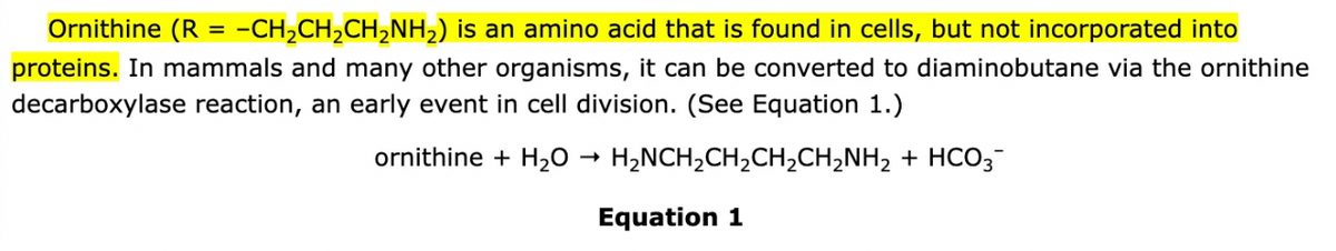 Ornithine (R = -CH₂CH₂CH₂NH₂) is an amino acid that is found in cells, but not incorporated into
proteins. In mammals and many other organisms, it can be converted to diaminobutane via the ornithine
decarboxylase reaction, an early event in cell division. (See Equation 1.)
ornithine + H₂O
H₂NCH₂CH₂CH₂CH₂NH₂ + HCO3
Equation 1