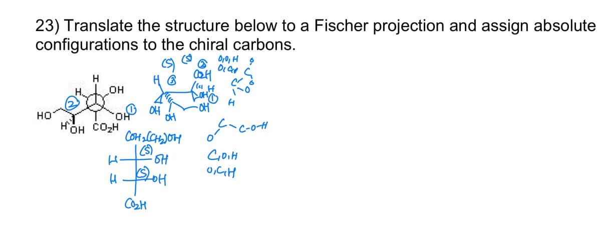 23) Translate the structure below to a Fischer projection and assign absolute
configurations to the chiral carbons.
O,0, H Ģ
H
но
O OH
HO.
HOH CO2H
C-0H
CoiH
0,GH
Ha
COZH
