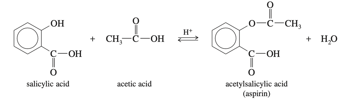 OH
C-OH
salicylic acid
+ CH₂-C-OH
acetic acid
H+
C
-C-CH₂
-ОН
acetylsalicylic acid
(aspirin)
+ H₂O