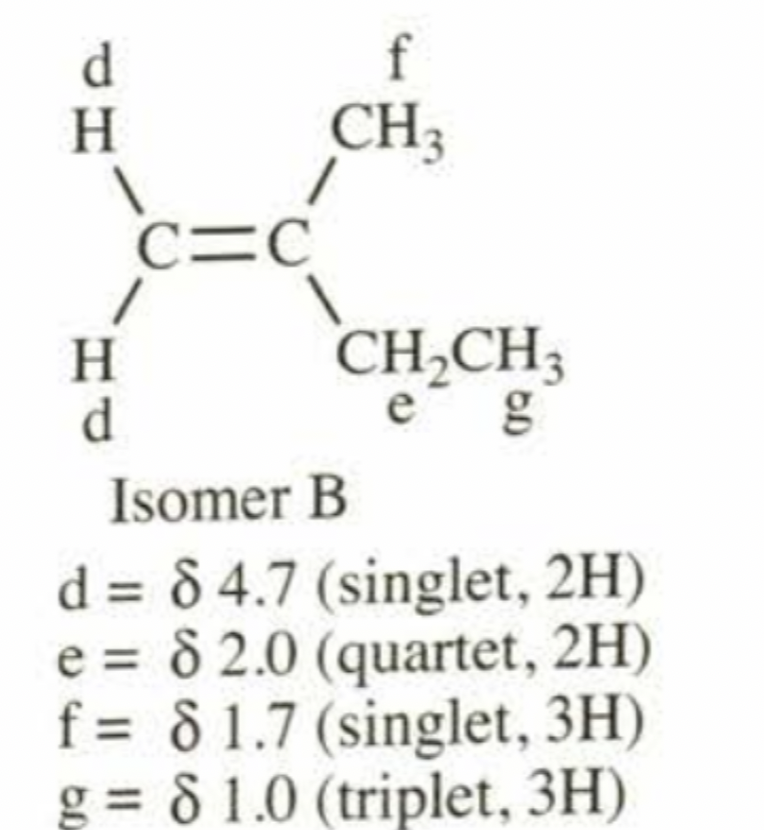 d
H
H
d
c=c
f
CH3
CH₂CH3
e g
Isomer B
d = 84.7 (singlet, 2H)
e = 8 2.0 (quartet, 2H)
f = 81.7 (singlet, 3H)
g= 81.0 (triplet, 3H)