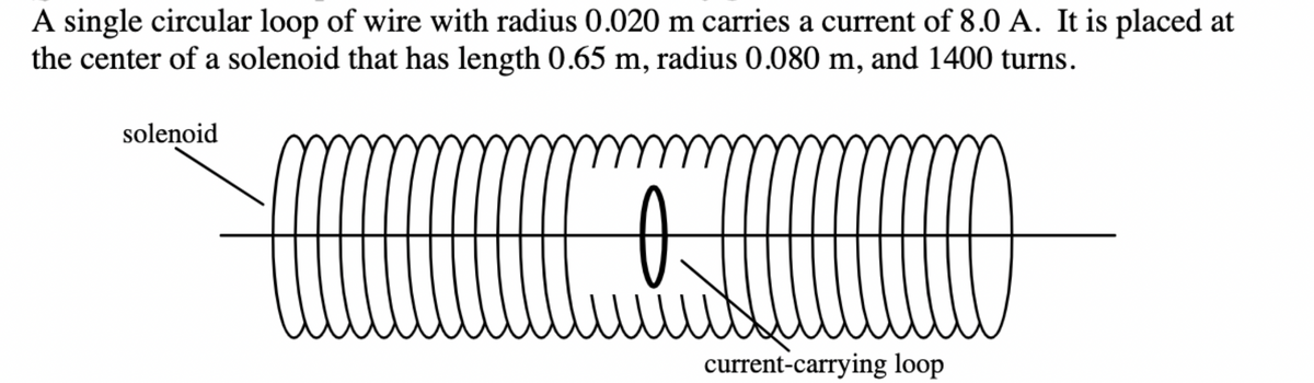 A single circular loop of wire with radius 0.020 m carries a current of 8.0 A. It is placed at
the center of a solenoid that has length 0.65 m, radius 0.080 m, and 1400 turns.
D
fh
solenoid
current-carrying loop