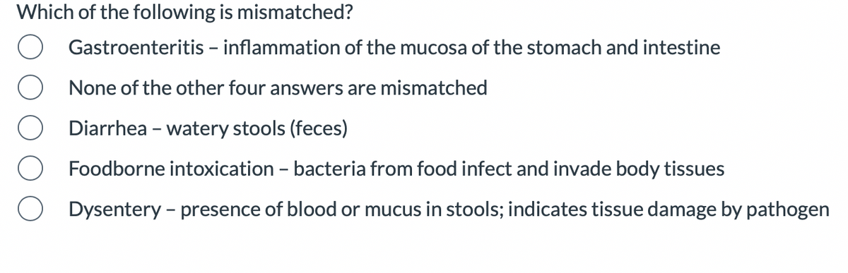 Which of the following is mismatched?
Gastroenteritis - inflammation of the mucosa of the stomach and intestine
None of the other four answers are mismatched
Diarrhea - watery stools (feces)
Foodborne intoxication - bacteria from food infect and invade body tissues
Dysentery - presence of blood or mucus in stools; indicates tissue damage by pathogen
