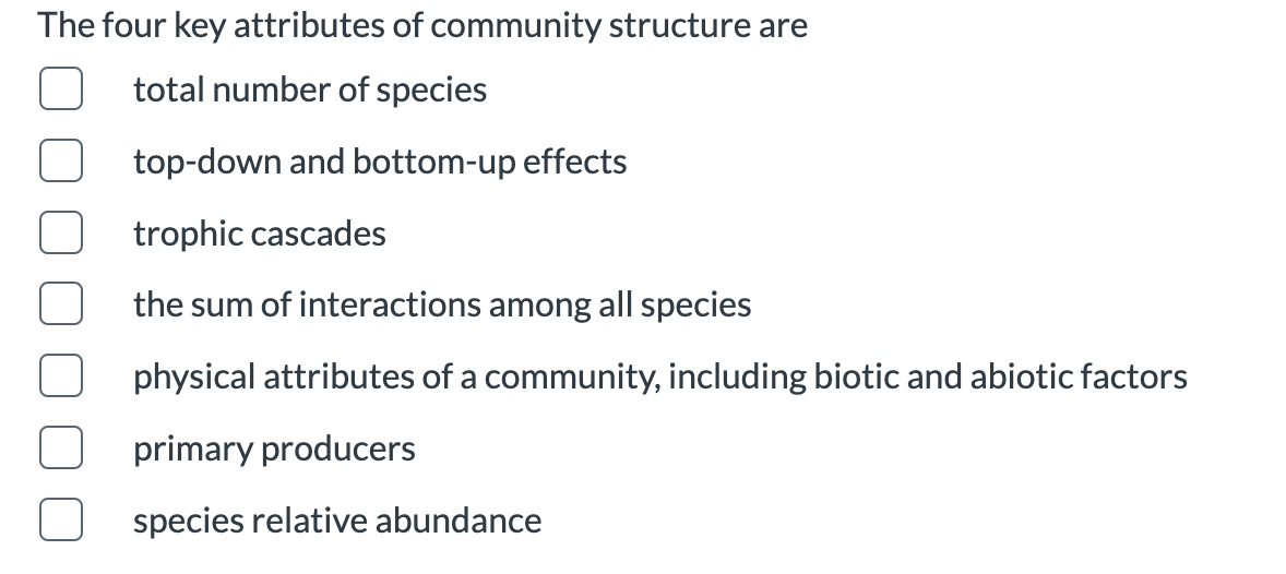 The four key attributes of community structure are
total number of species
top-down and bottom-up effects
trophic cascades
the sum of interactions among all species
physical attributes of a community, including biotic and abiotic factors
primary producers
species relative abundance