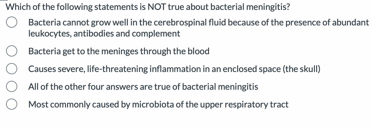 Which of the following statements is NOT true about bacterial meningitis?
Bacteria cannot grow well in the cerebrospinal fluid because of the presence of abundant
leukocytes, antibodies and complement
Bacteria get to the meninges through the blood
Causes severe, life-threatening inflammation in an enclosed space (the skull)
All of the other four answers are true of bacterial meningitis
Most commonly caused by microbiota of the upper respiratory tract