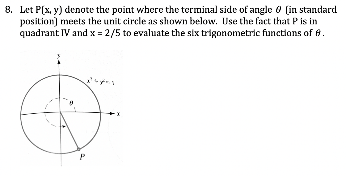 8. Let P(x, y) denote the point where the terminal side of angle 0 (in standard
position) meets the unit circle as shown below. Use the fact that P is in
quadrant IV and x = 2/5 to evaluate the six trigonometric functions of 0.
x² + y? = 1
