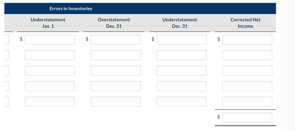 Errors in Inventories
Understatement
Overstatement
Understatement
Corrected Net
Jan. 1
Dec. 31
Dec. 31
Income
$
$
$
%24
%24
%24
